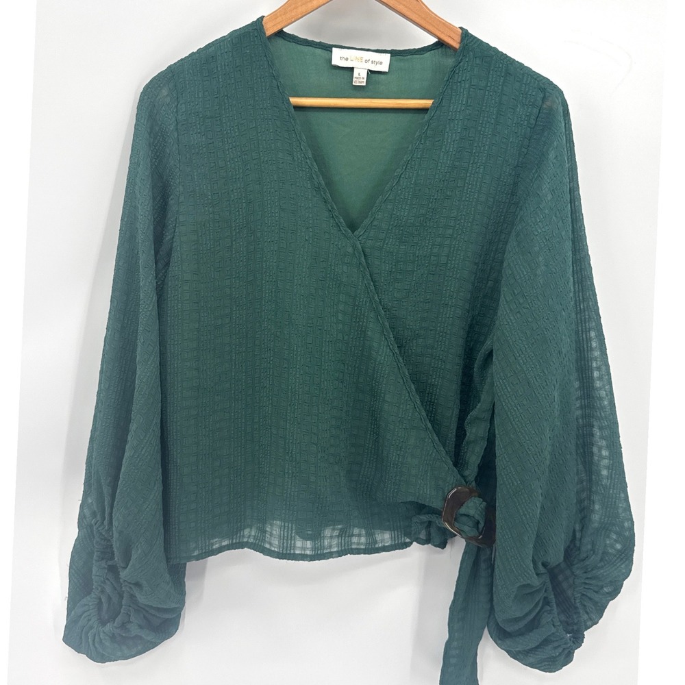Wrap Top Large Green Textured Balloon Sleeve Buckle Tie The Line of Style